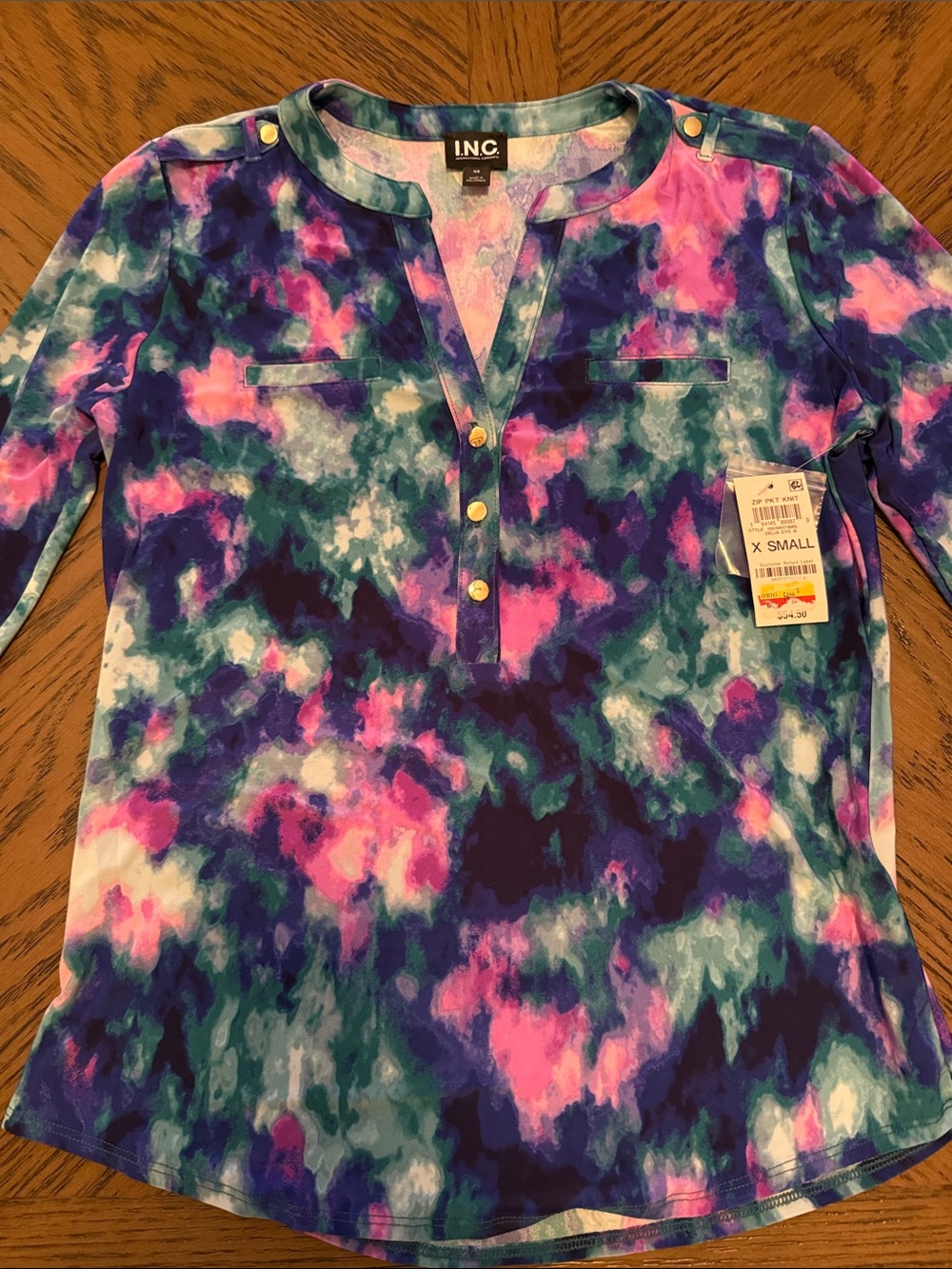 INC International Concepts Multicolor Pink Purple Blue Print Henley Blouse